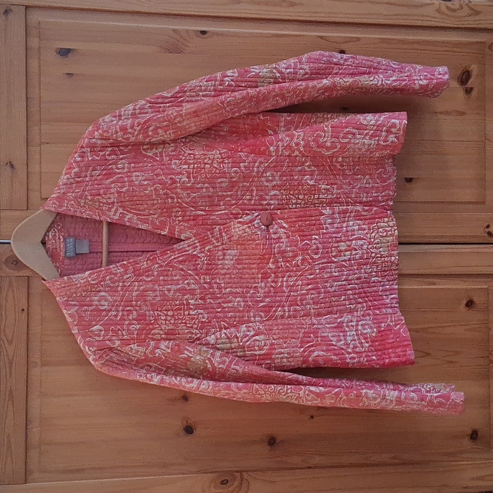 Sigrid Olsen 100% Silk Cream Coral Batik Lightweight Quilted Jacket Size Large - Picture 6 of 8